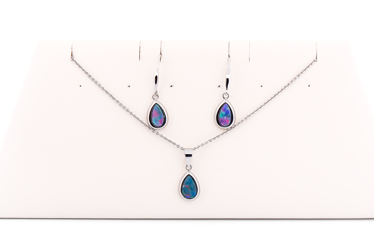 Pear Shaped Australian Opal Pendant & Earrings Bezel Set in White Gold
