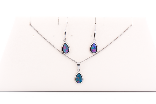Pear Shaped Australian Opal Pendant & Earrings Bezel Set in White Gold