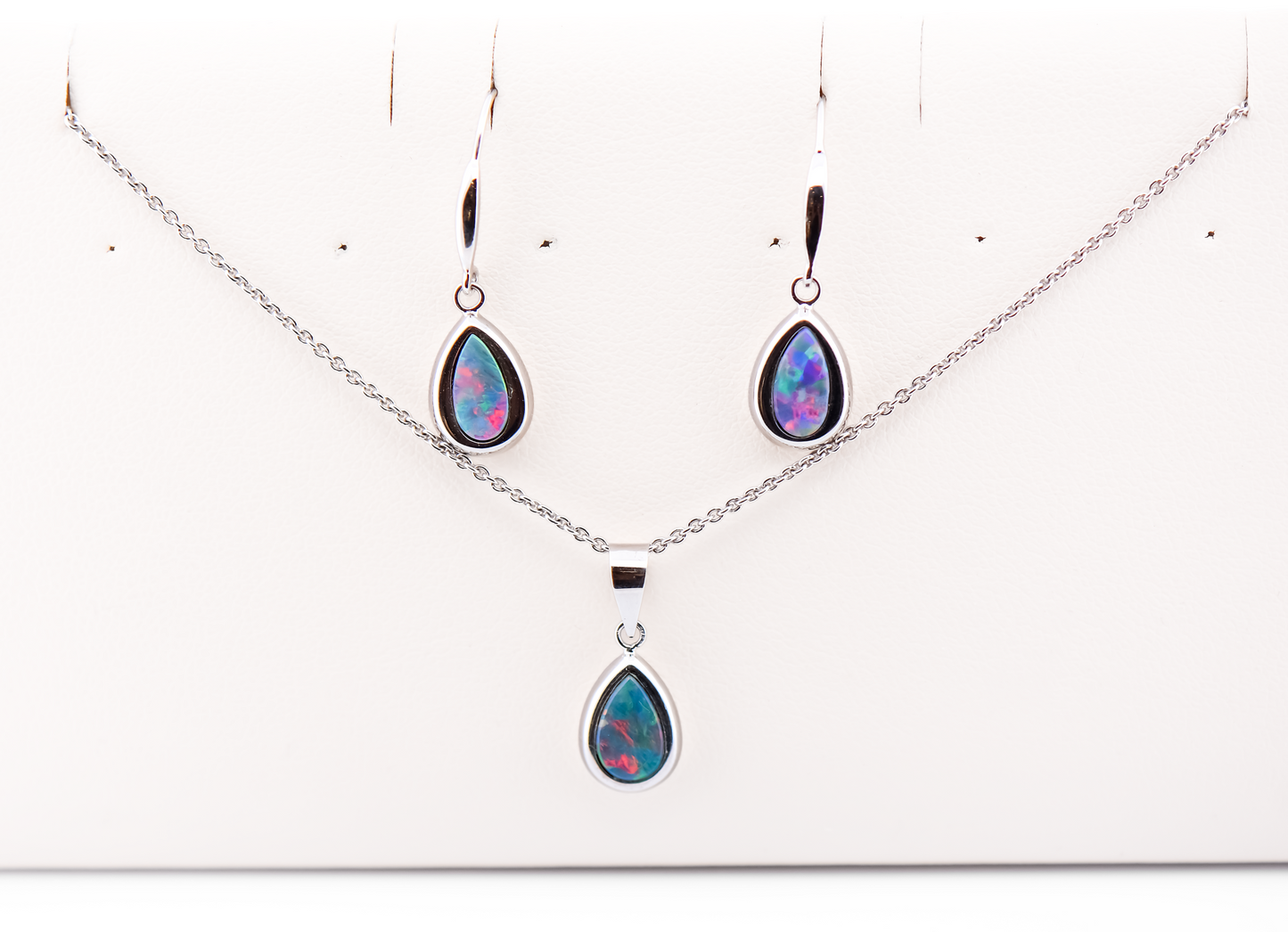 Pear Shaped Australian Opal Pendant & Earrings Bezel Set in White Gold