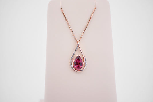 Pear Shaped Hot Pink Tourmaline & Diamond Pendant in Rose Gold