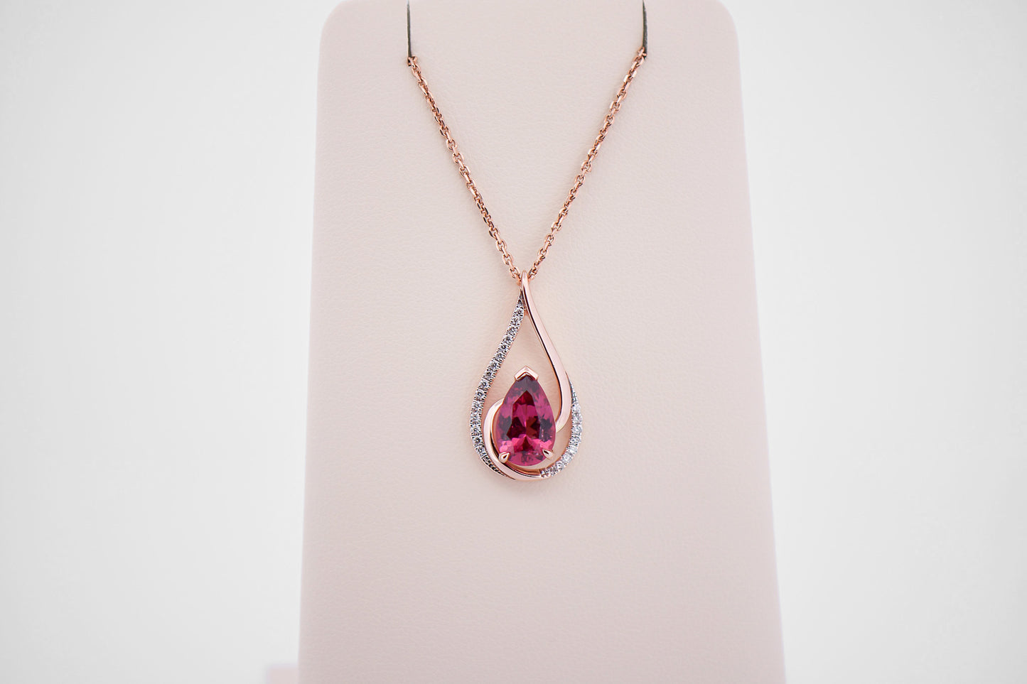 Pear Shaped Hot Pink Tourmaline & Diamond Pendant in Rose Gold
