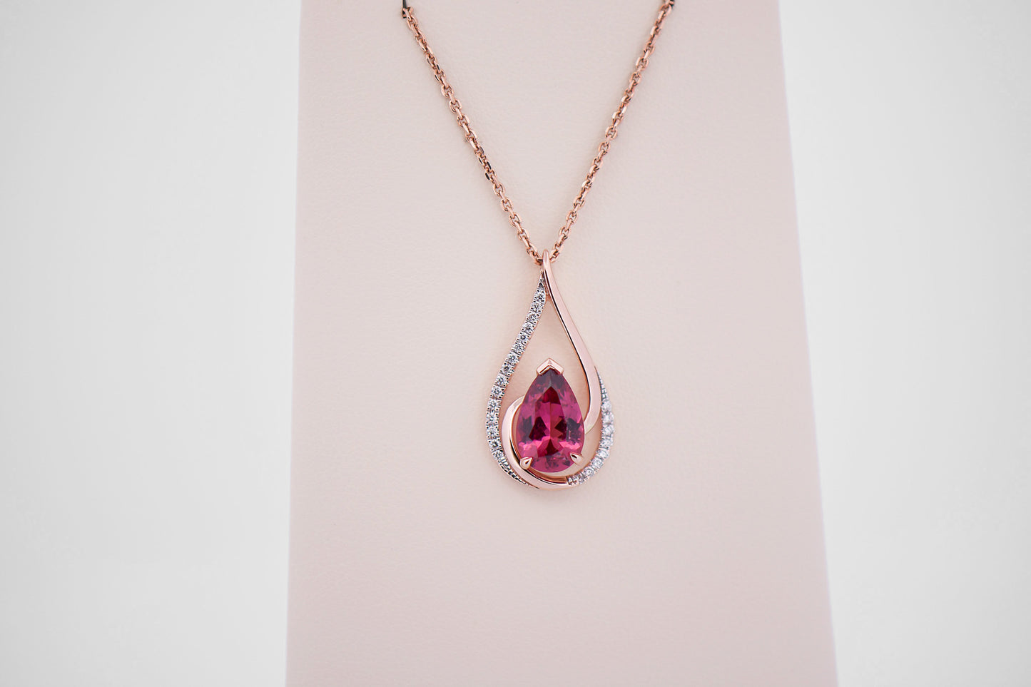 Pear Shaped Hot Pink Tourmaline & Diamond Pendant in Rose Gold