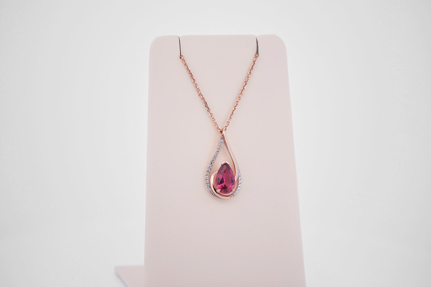 Pear Shaped Hot Pink Tourmaline & Diamond Pendant in Rose Gold