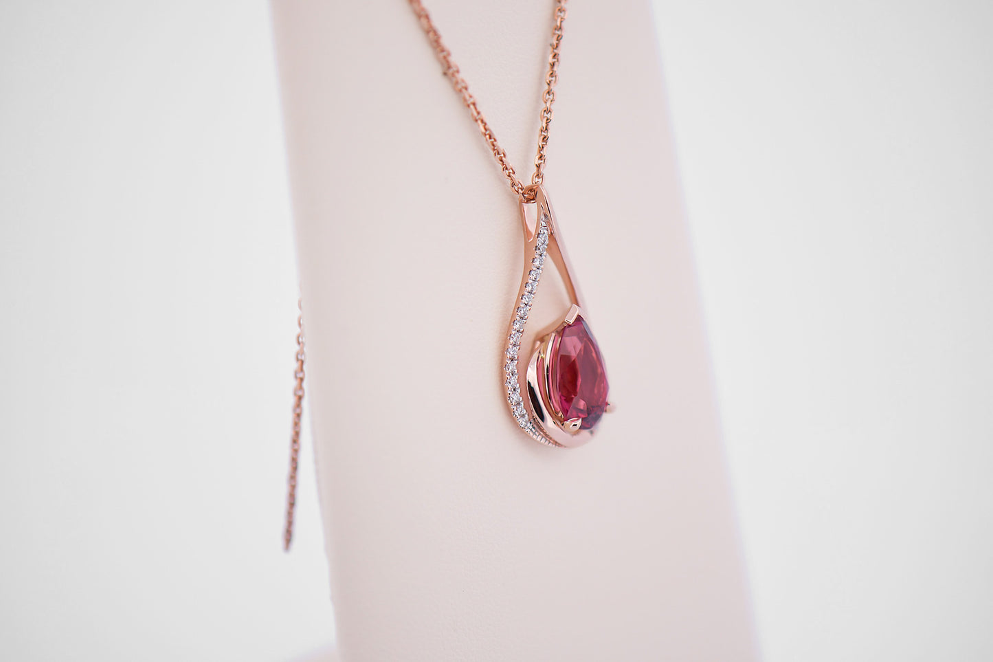 Pear Shaped Hot Pink Tourmaline & Diamond Pendant in Rose Gold