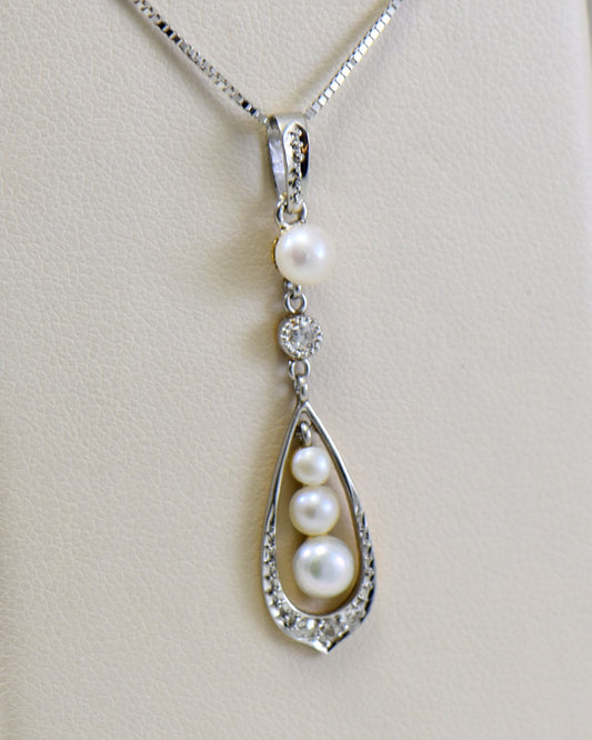 Edwardian Platinum over Gold Pearl & Diamond Pendant