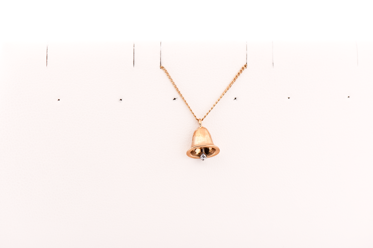 Petite Vintage Gold & Diamond Bell Pendant with 15 Inch Chain