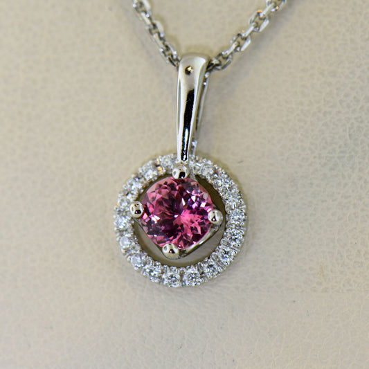 Round Pink Spinel & Floating Diamond Halo Pendant