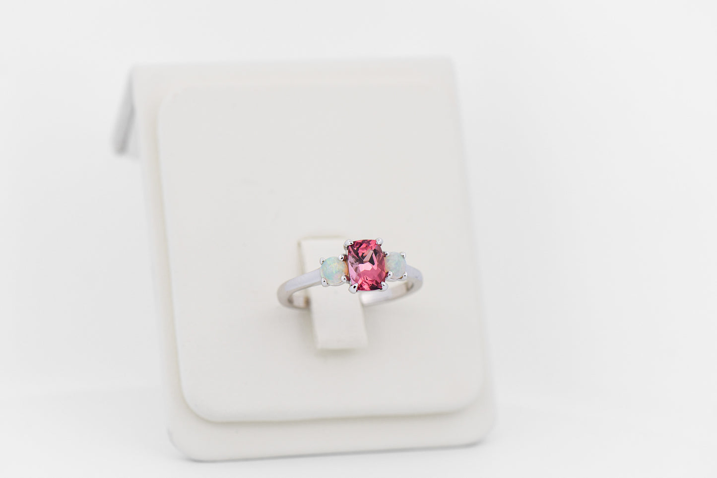 Pink Tourmaline & Opal 3-Stone October Birthstone Ring