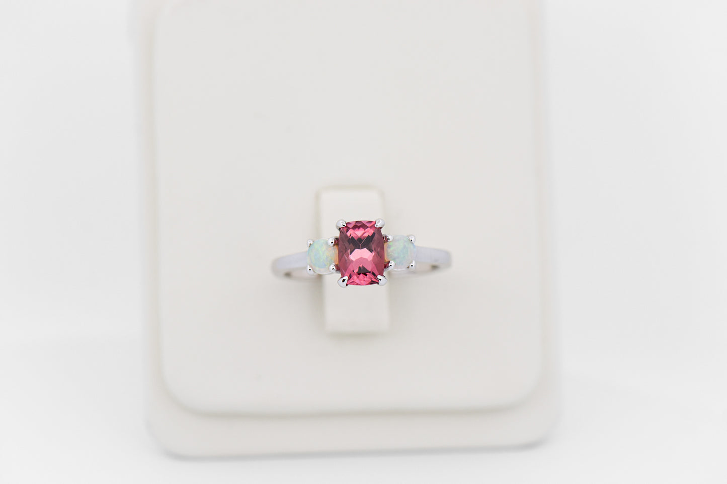 Pink Tourmaline & Opal 3-Stone October Birthstone Ring