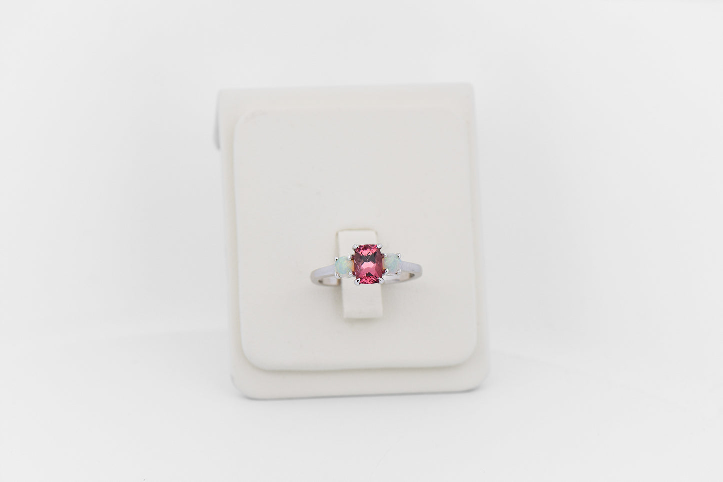 Pink Tourmaline & Opal 3-Stone October Birthstone Ring