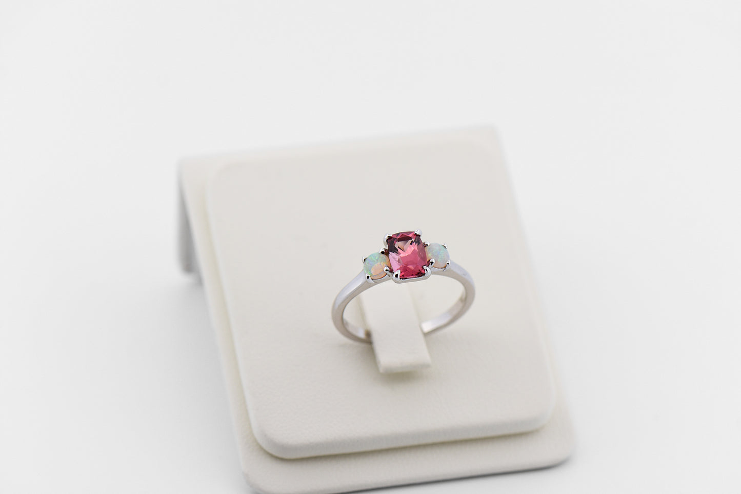 Pink Tourmaline & Opal 3-Stone October Birthstone Ring