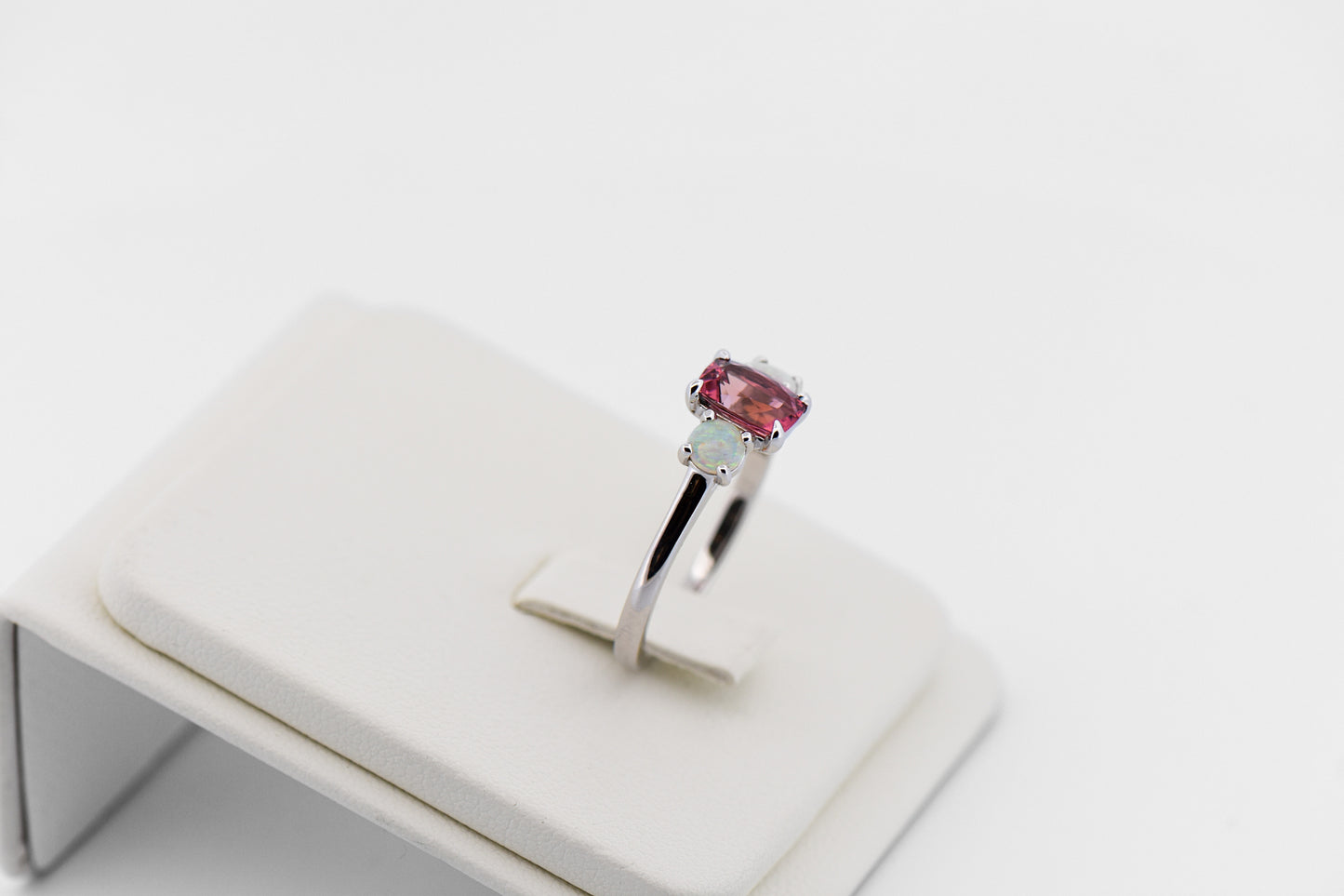 Pink Tourmaline & Opal 3-Stone October Birthstone Ring