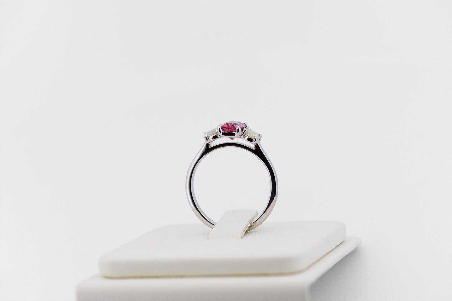 Pink Tourmaline & Opal 3-Stone October Birthstone Ring