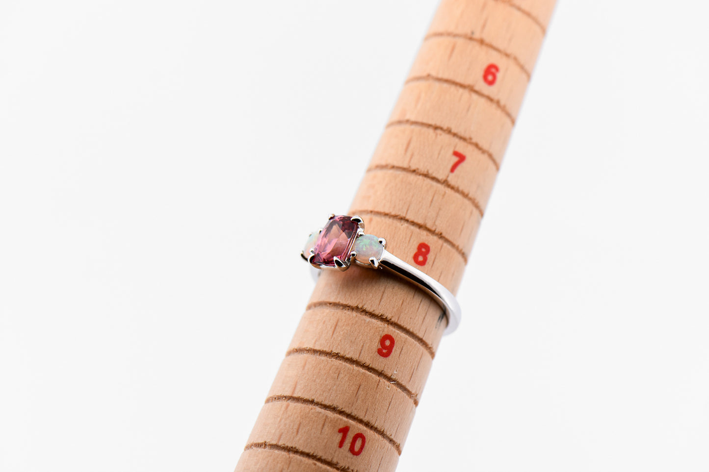 Pink Tourmaline & Opal 3-Stone October Birthstone Ring