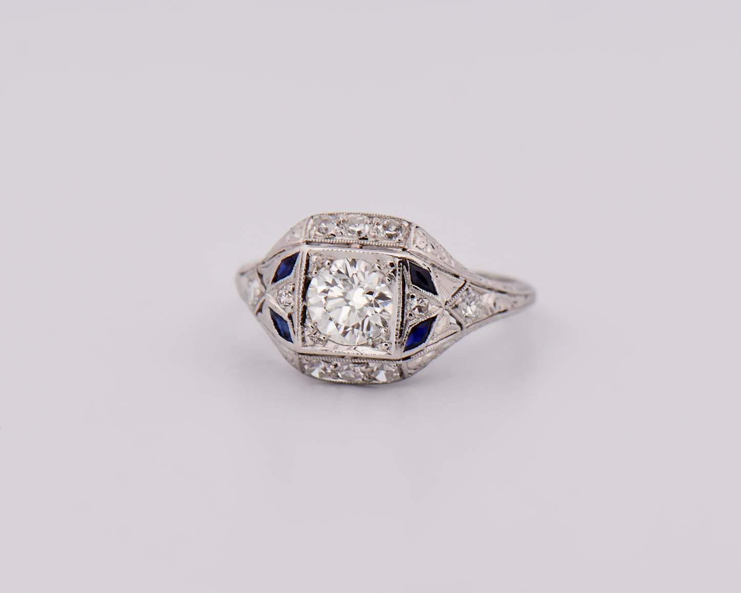 Platinum Art Deco Diamond Ring with Synthetic Sapphires