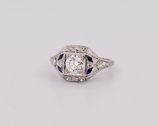 Platinum Art Deco Diamond Ring with Synthetic Sapphires