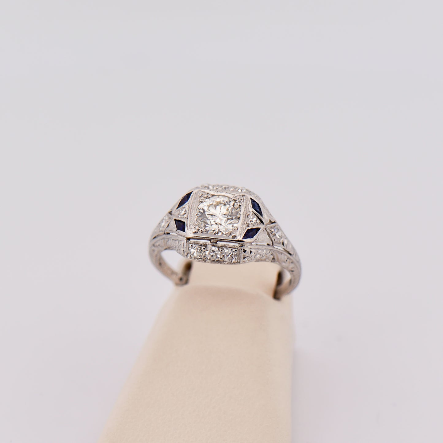 Platinum Art Deco Diamond Ring with Synthetic Sapphires