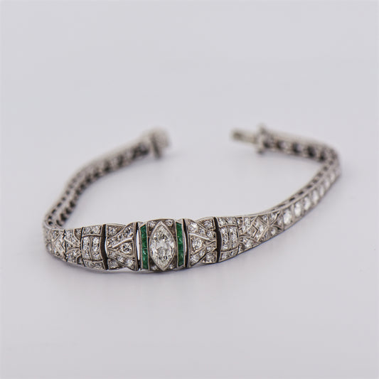 Platinum Marquise Diamond & Emerald Art Deco Bracelet