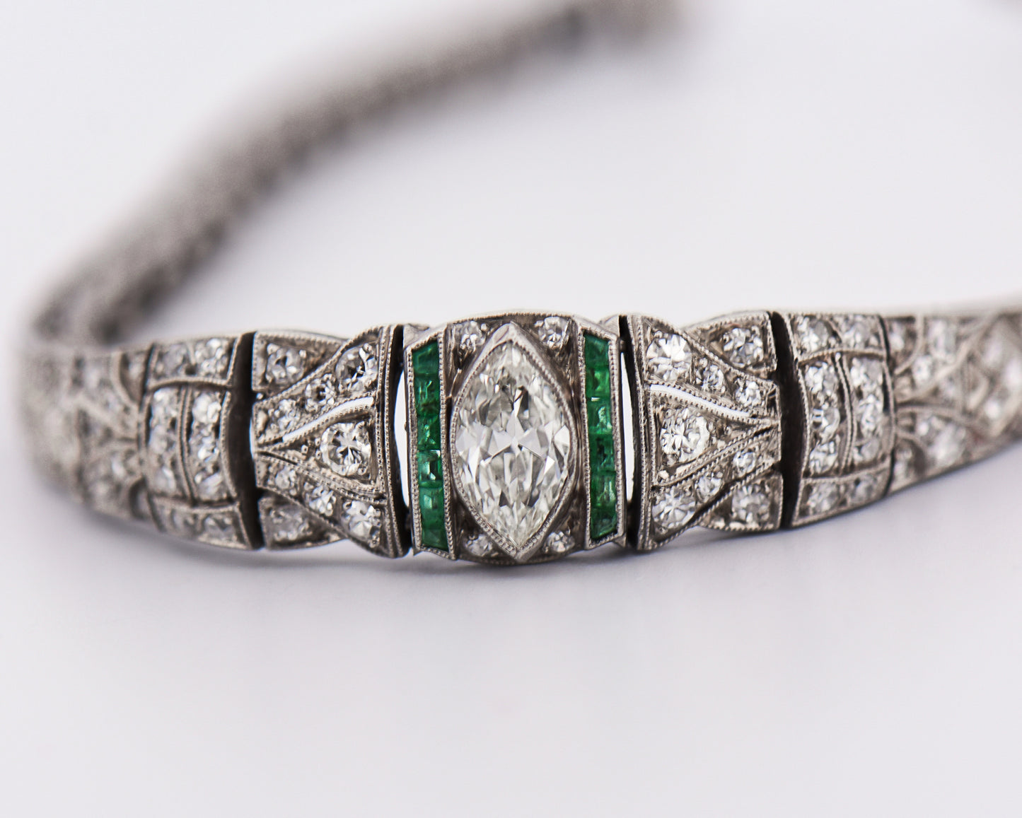 Platinum Marquise Diamond & Emerald Art Deco Bracelet