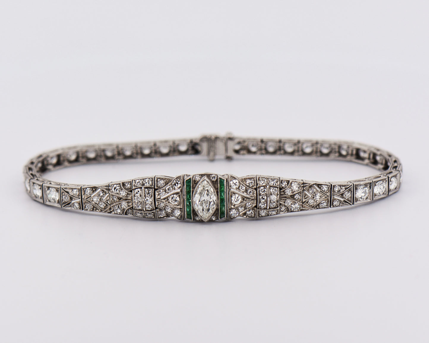 Platinum Marquise Diamond & Emerald Art Deco Bracelet