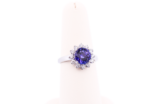 Portuguese Cut Round Tanzanite & Diamond Halo Ring in White Gold