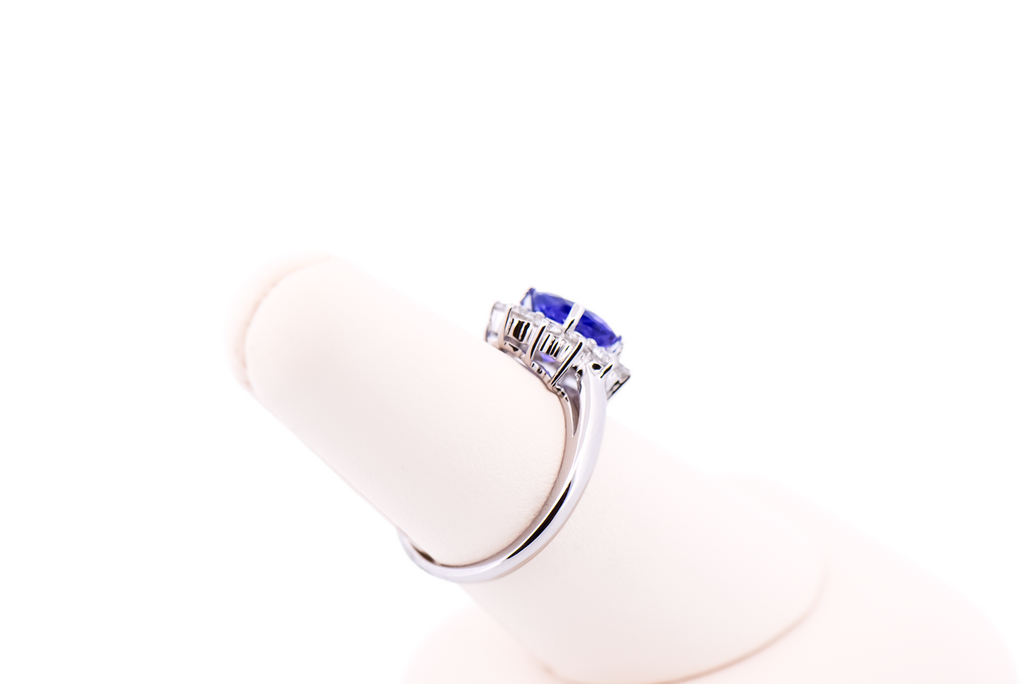 Portuguese Cut Round Tanzanite & Diamond Halo Ring in White Gold