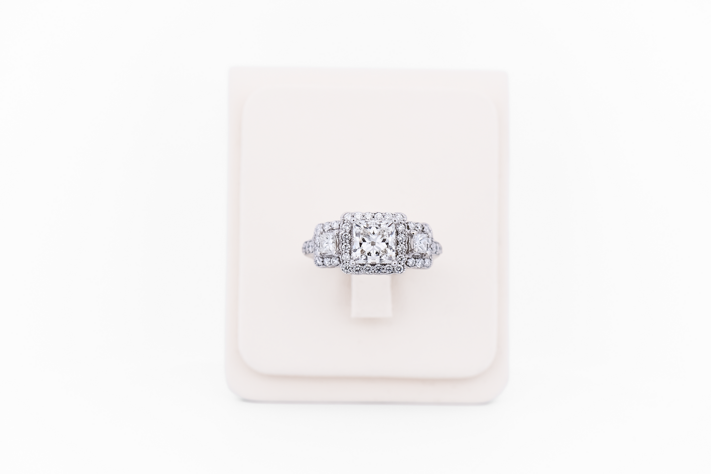 Princess Cut Diamond Halo Three-Stone Ring with Lab-Grown Diamond Center