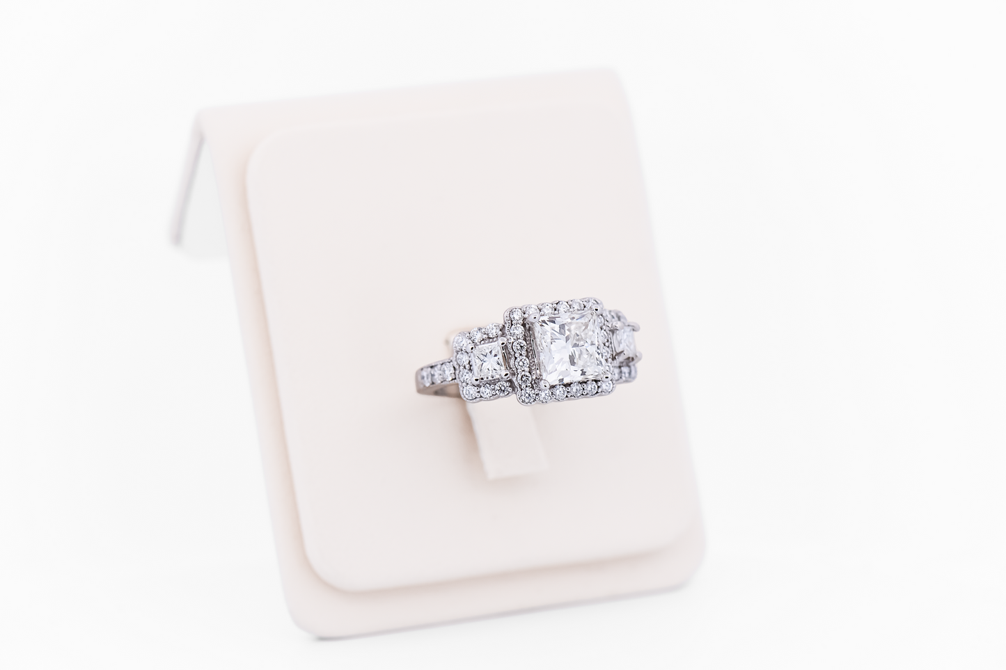 Princess Cut Diamond Halo Three-Stone Ring with Lab-Grown Diamond Center