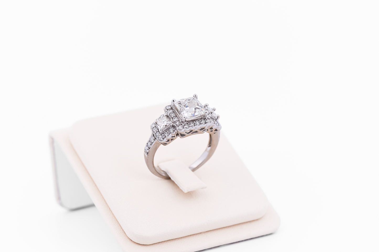 Princess Cut Diamond Halo Three-Stone Ring with Lab-Grown Diamond Center