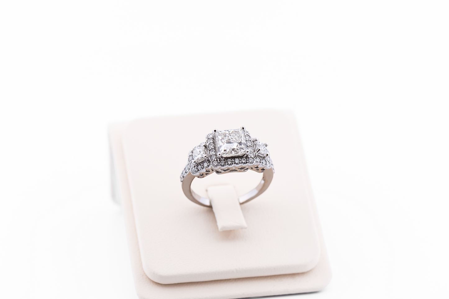 Princess Cut Diamond Halo Three-Stone Ring with Lab-Grown Diamond Center