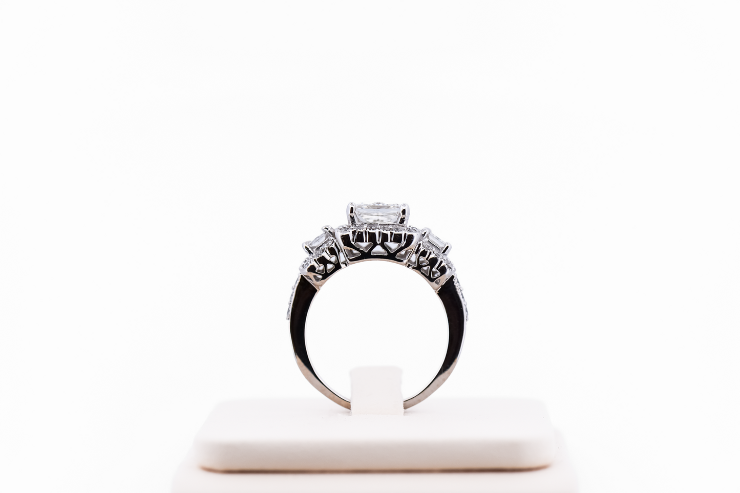 Princess Cut Diamond Halo Three-Stone Ring with Lab-Grown Diamond Center