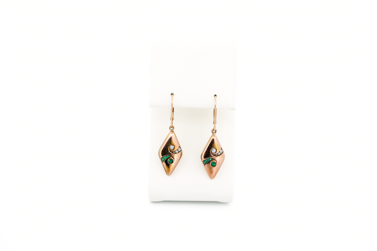 Rare Antique Rosy Yellow Gold Geometric Drop Earrings with Emeralds & Diamonds