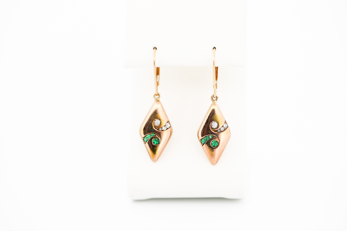 Rare Antique Rosy Yellow Gold Geometric Drop Earrings with Emeralds & Diamonds