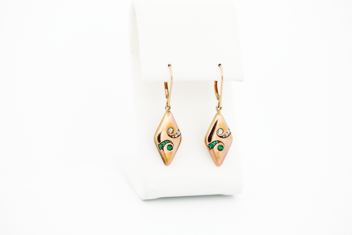 Rare Antique Rosy Yellow Gold Geometric Drop Earrings with Emeralds & Diamonds