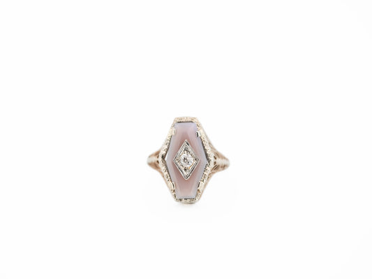 Rare Art Deco Hexagonal Filigree Ring with Grey Agate & Diamond