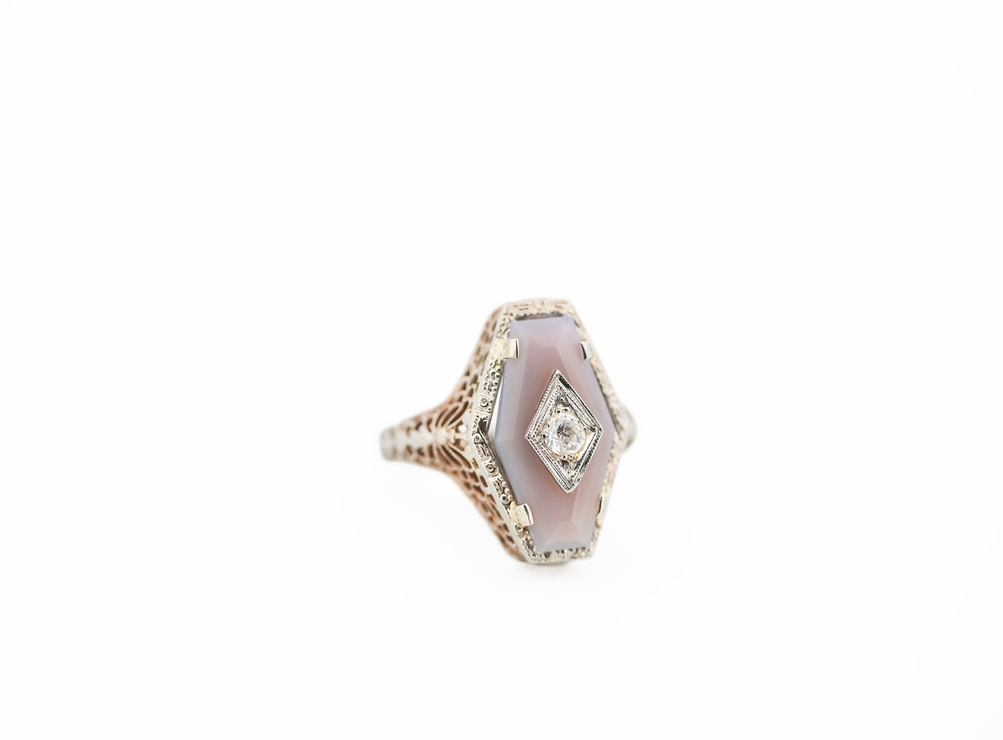 Rare Art Deco Hexagonal Filigree Ring with Grey Agate & Diamond