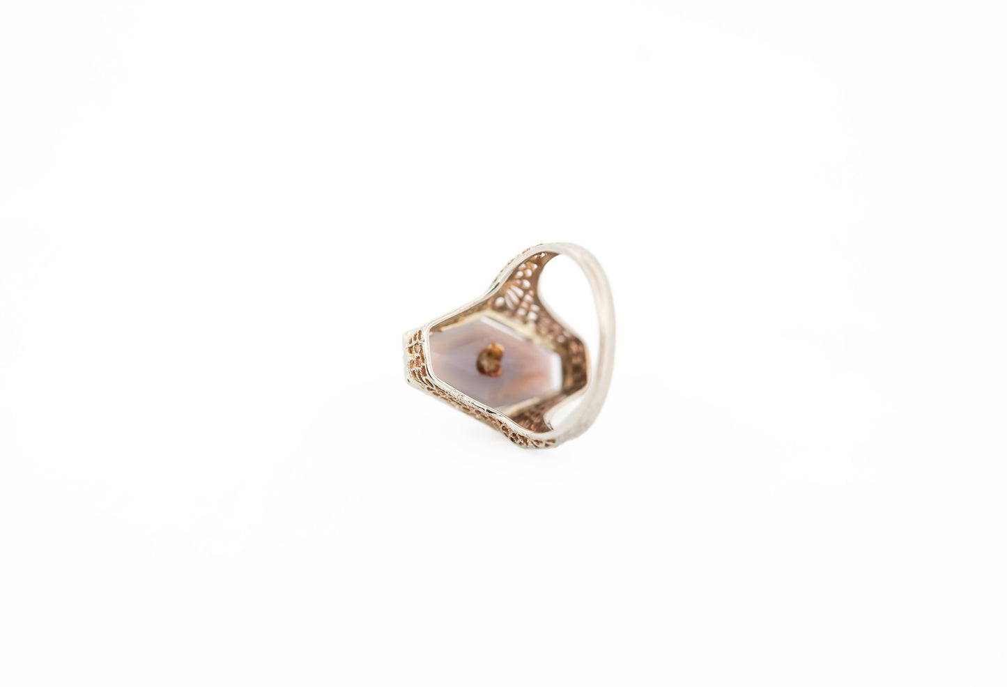 Rare Art Deco Hexagonal Filigree Ring with Grey Agate & Diamond