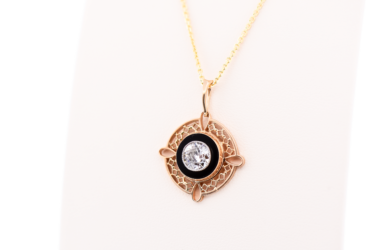 Rare Art Deco Yellow Gold Target Pendant with Onyx & Old European Cut Diamond