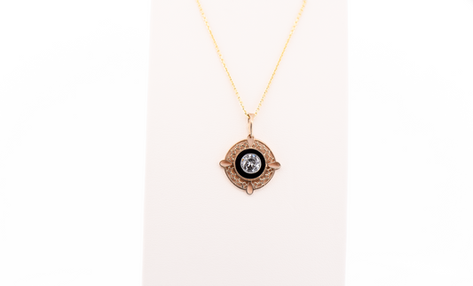 Rare Art Deco Yellow Gold Target Pendant with Onyx & Old European Cut Diamond