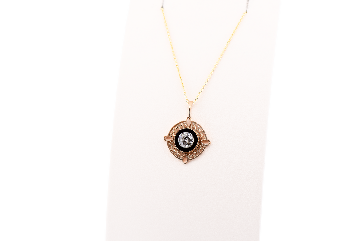 Rare Art Deco Yellow Gold Target Pendant with Onyx & Old European Cut Diamond