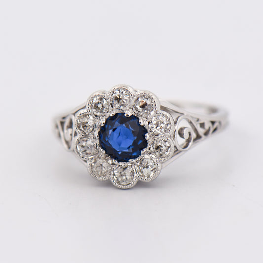 Rare Art Nouveau Blue Yogo Sapphire & Diamond Halo Engagement Ring