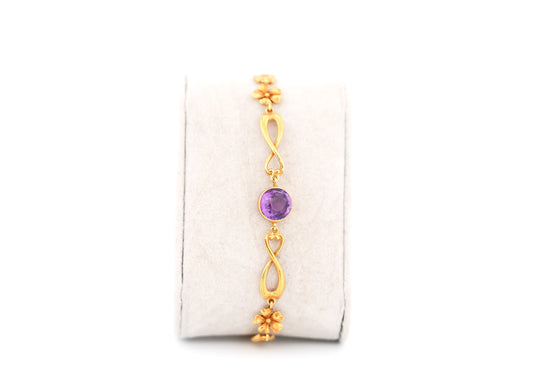 Rare Art Nouveau Bracelet with Bezel Set Amethysts & Textured Gold Flowers