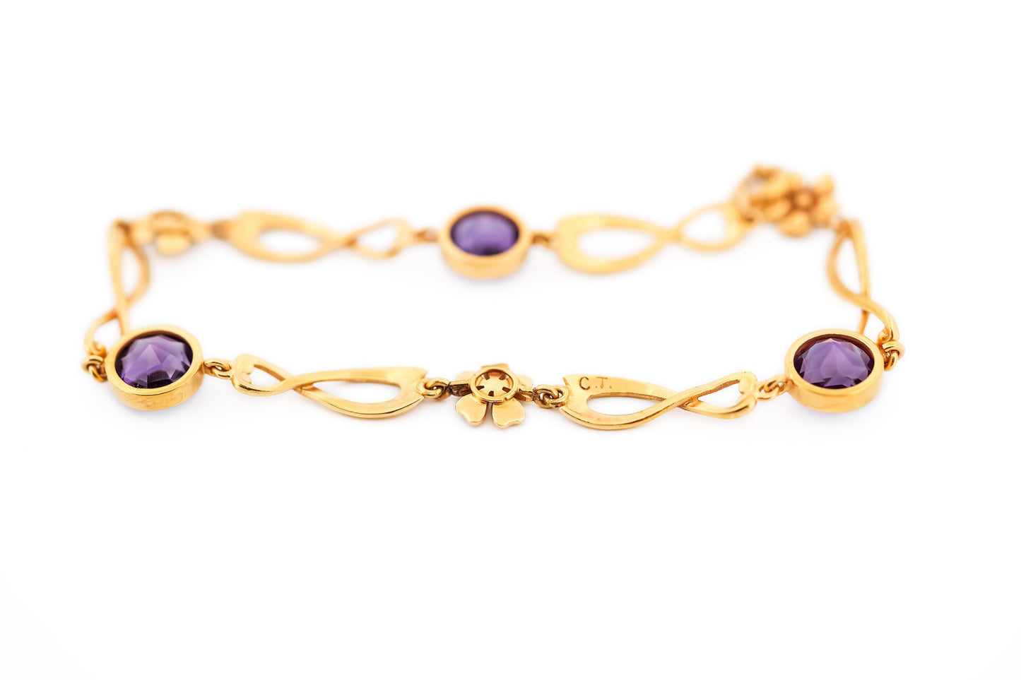 Rare Art Nouveau Bracelet with Bezel Set Amethysts & Textured Gold Flowers
