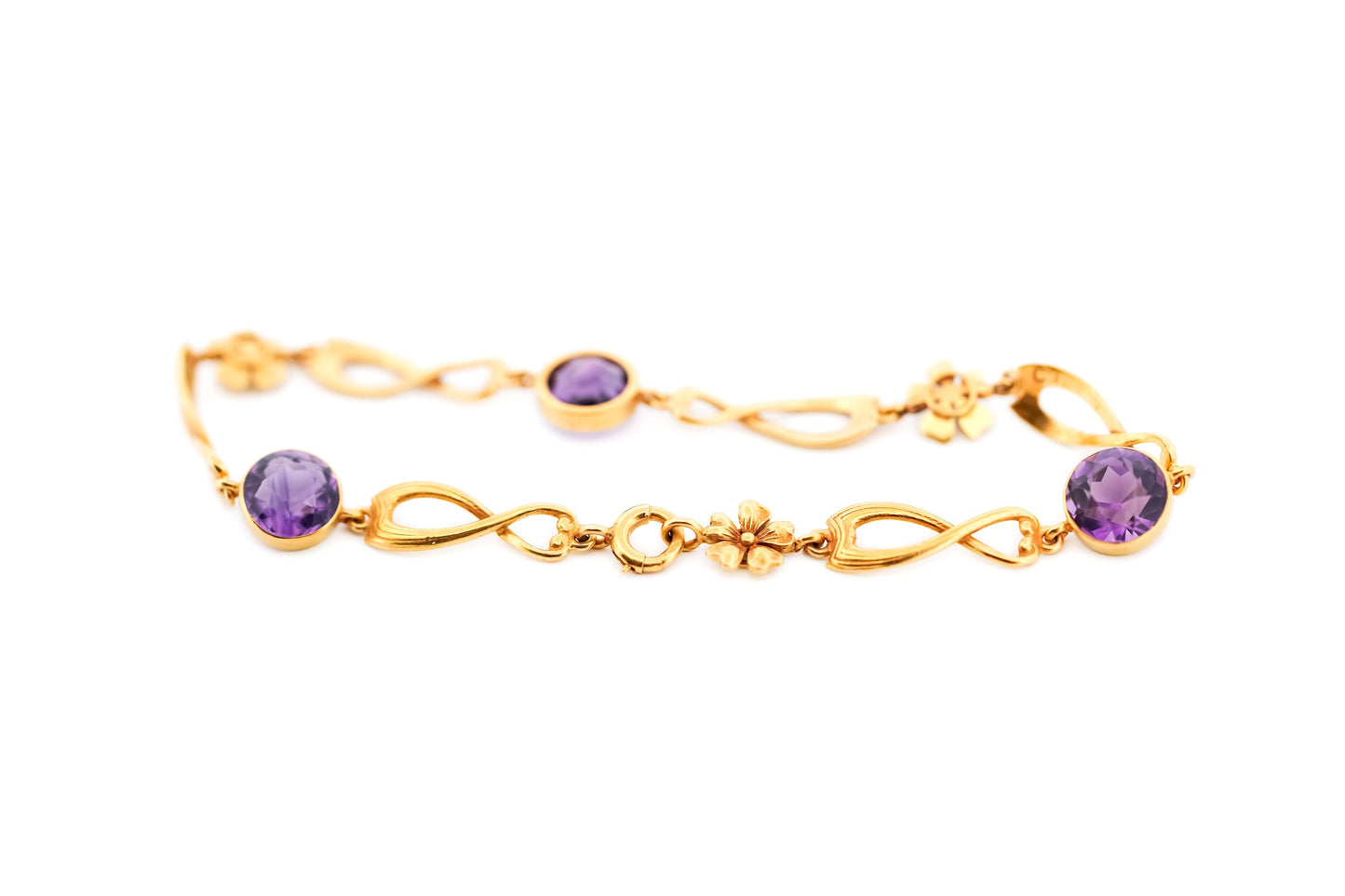 Rare Art Nouveau Bracelet with Bezel Set Amethysts & Textured Gold Flowers