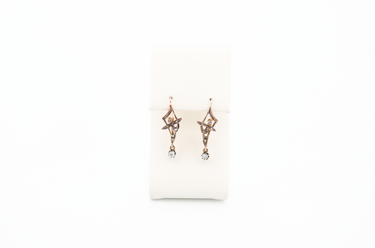 Rare Art Nouveau Floral Diamond Drop Earrings in Silver Topped Gold