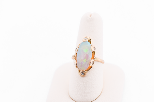 Rare Art Nouveau Gold Ring with Opal and Old European Cut Diamonds