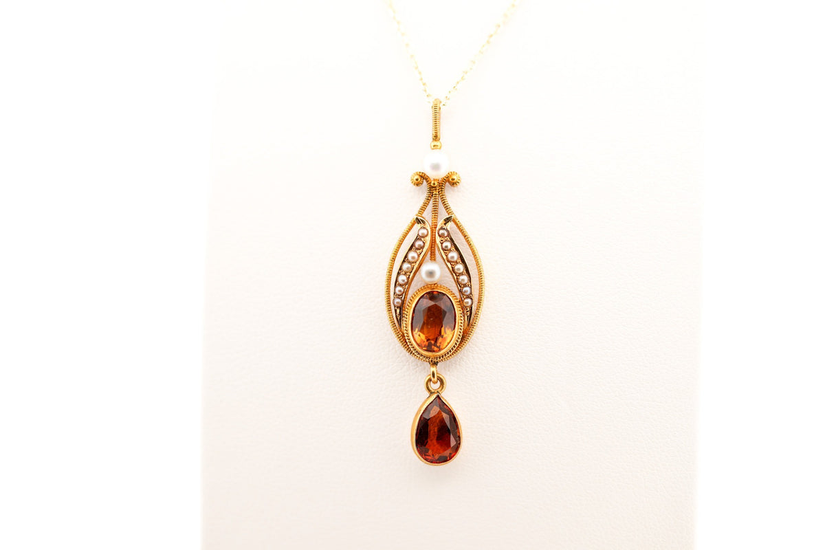 Rare Arts & Crafts Era Citrine & Pearl Lavalier Pendant in Textured Yellow Gold