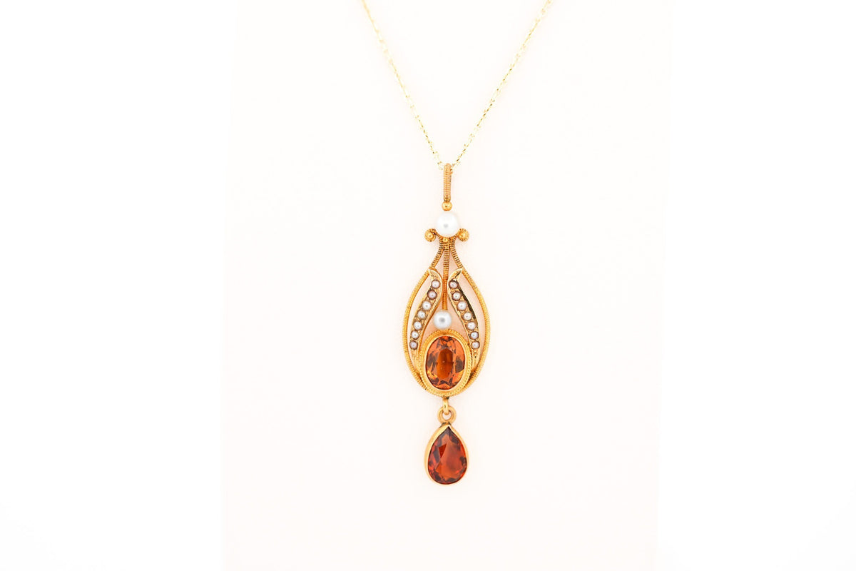 Rare Arts & Crafts Era Citrine & Pearl Lavalier Pendant in Textured Yellow Gold