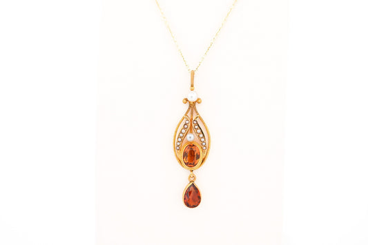 Rare Arts & Crafts Era Citrine & Pearl Lavalier Pendant in Textured Yellow Gold