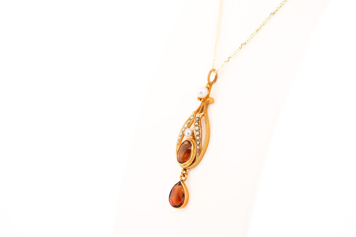 Rare Arts & Crafts Era Citrine & Pearl Lavalier Pendant in Textured Yellow Gold